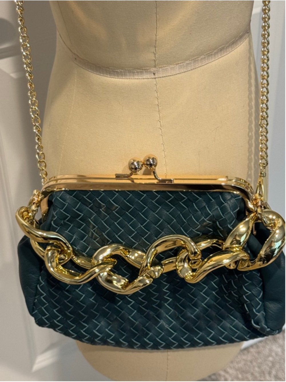 Women's Stella Bianca Teal Woven Italian Leather Crossbody Bag Gold Chain